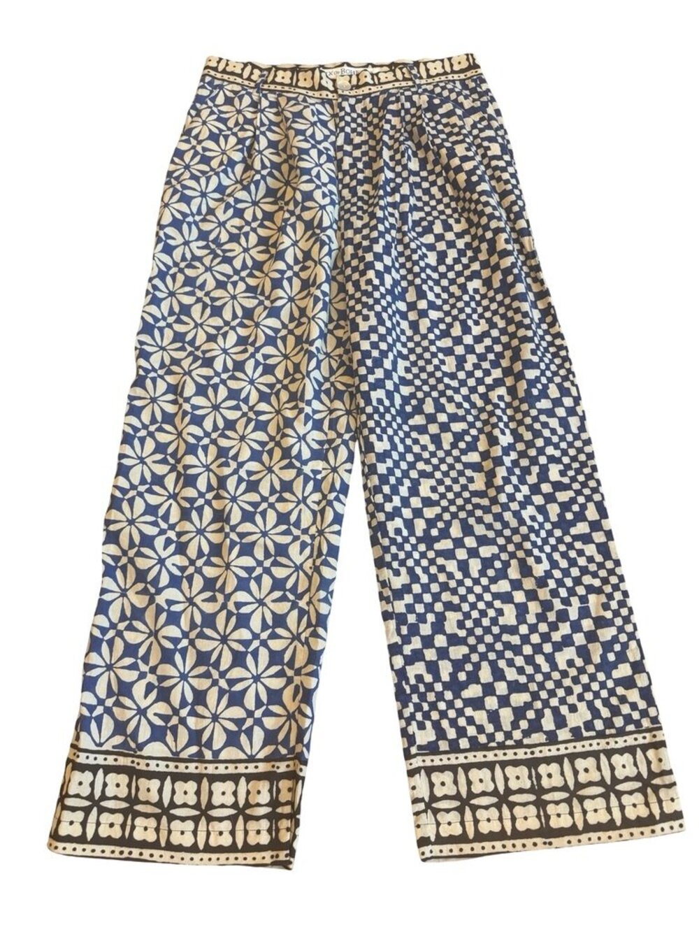 Alix of Bohemia Navy White Mixed Print Wide Leg Pants Palazzo Boho Large Women's
